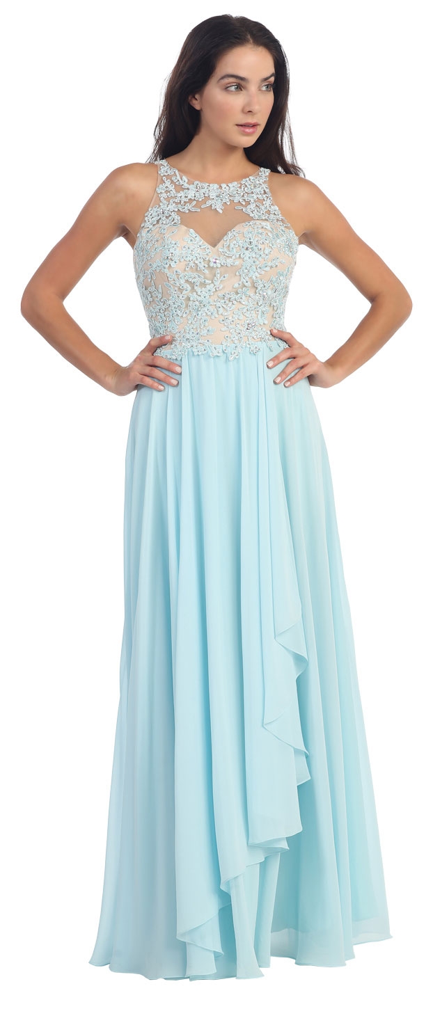 Mesh with Floral Lace Bodice Long Formal Prom Dress — in Aqua