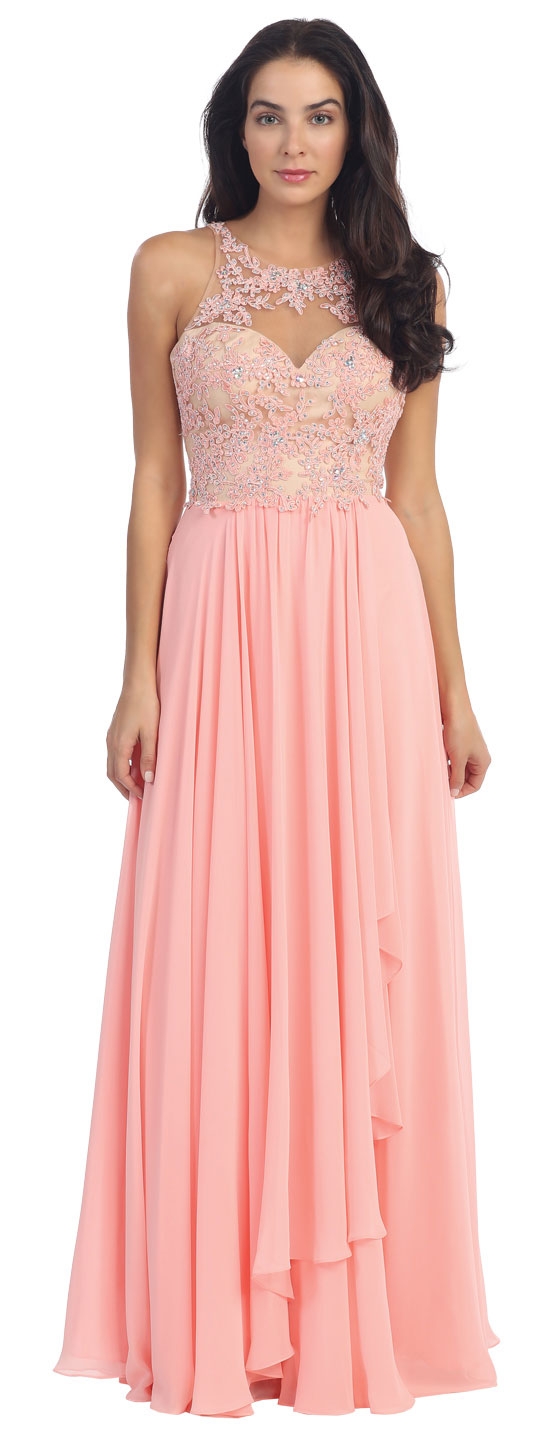 Mesh with Floral Lace Bodice Long Formal Prom Dress