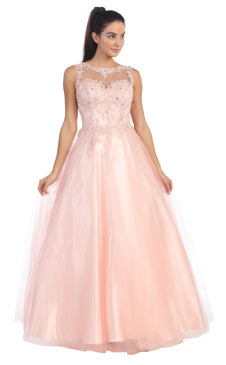 Beaded Floral Lace Bodice Long Tulle Formal Prom Dress