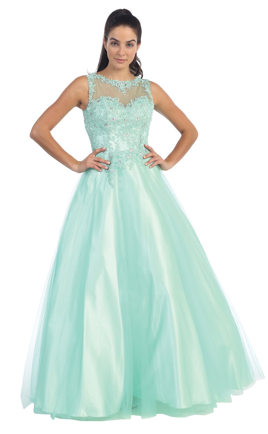 Beaded Floral Lace Bodice Long Tulle Formal Prom Dress — in Mint
