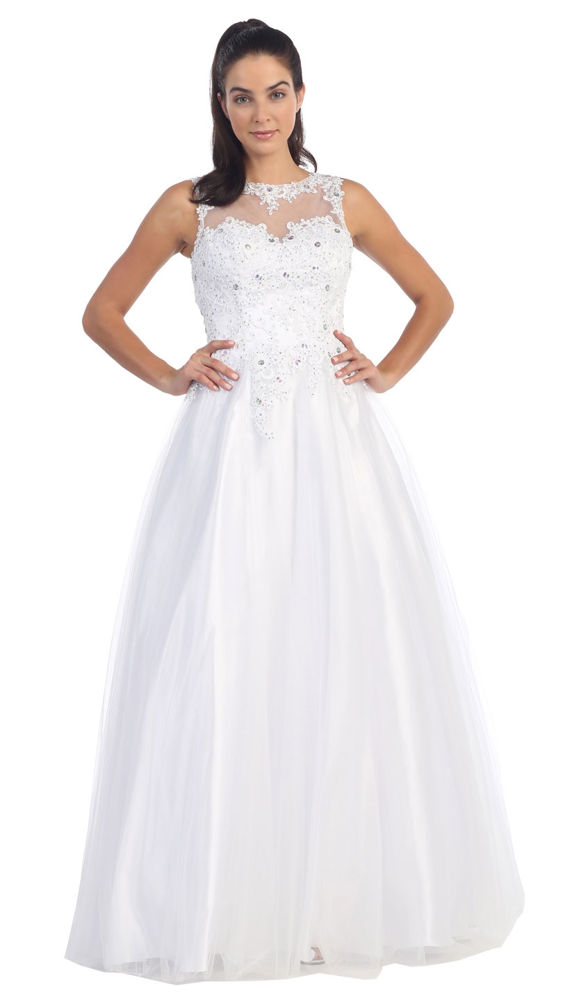 Beaded Floral Lace Bodice Long Tulle Formal Prom Dress — in White