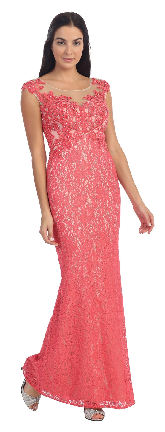 Round Neck Floral Lace Beaded Long Formal Prom Dress — in Coral