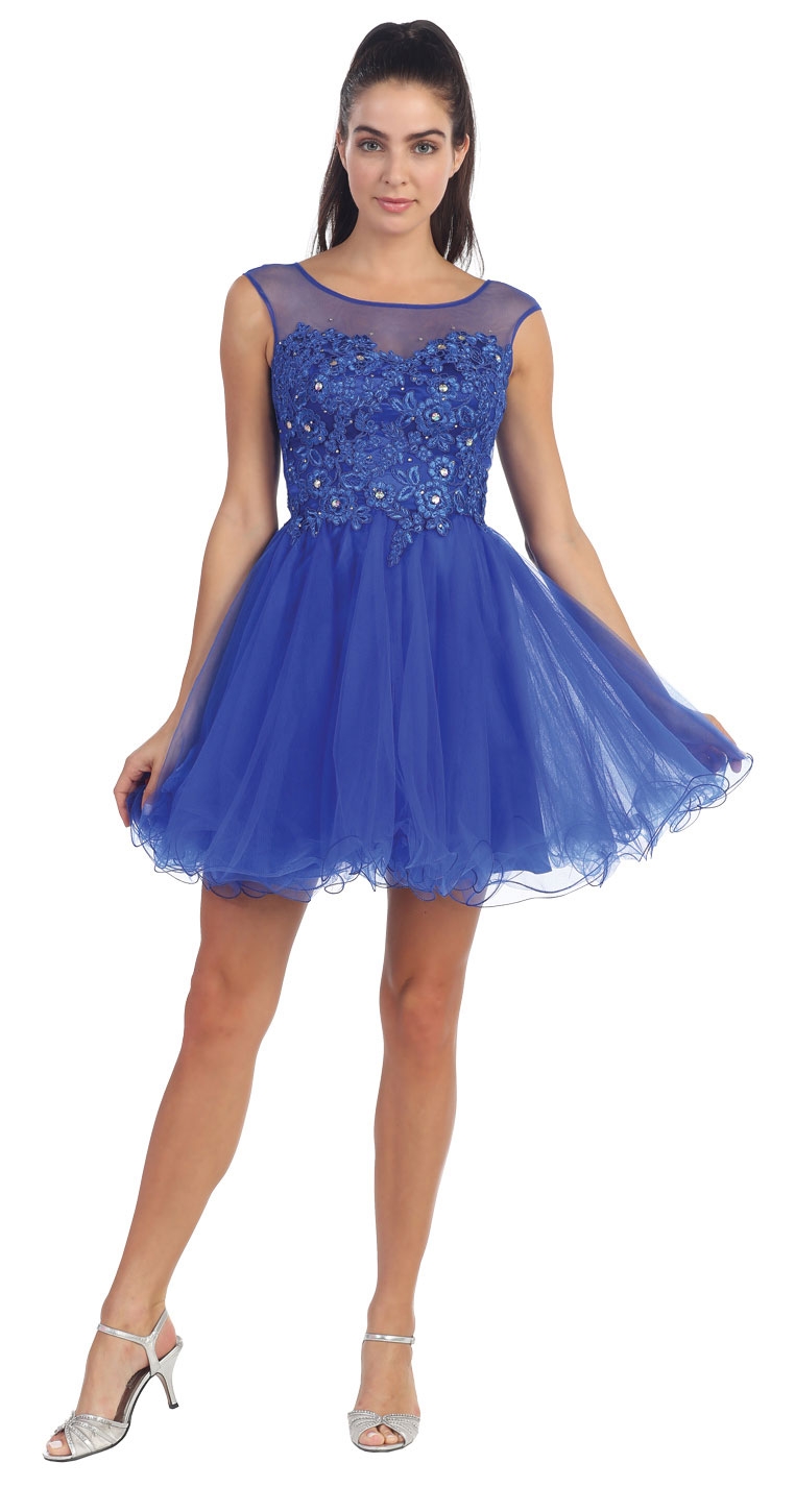 Floral Lace Bust Tulle Short Formal Prom Dress — in Royal Blue