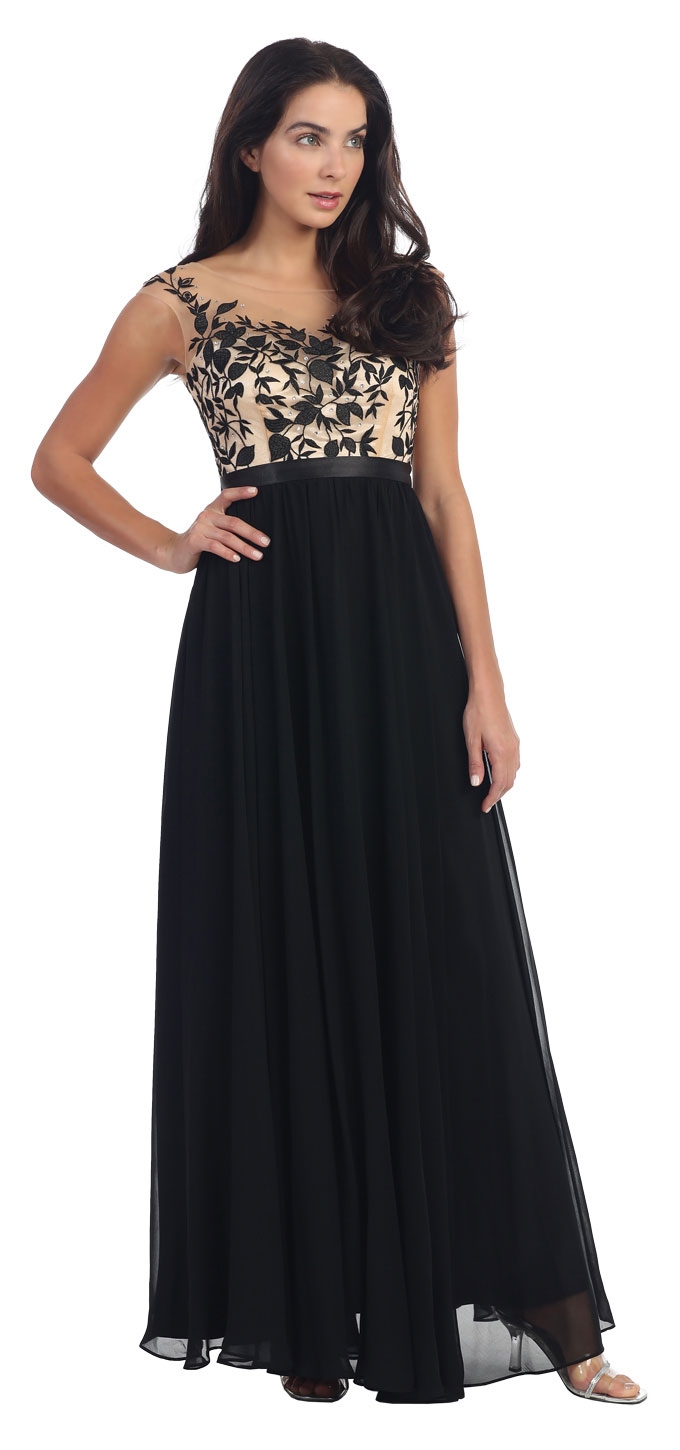 Floral Embroidered Mesh Bodice Long Formal Prom Dress — in Black