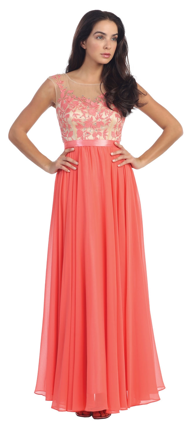 Floral Embroidered Mesh Bodice Long Formal Prom Dress — in Coral