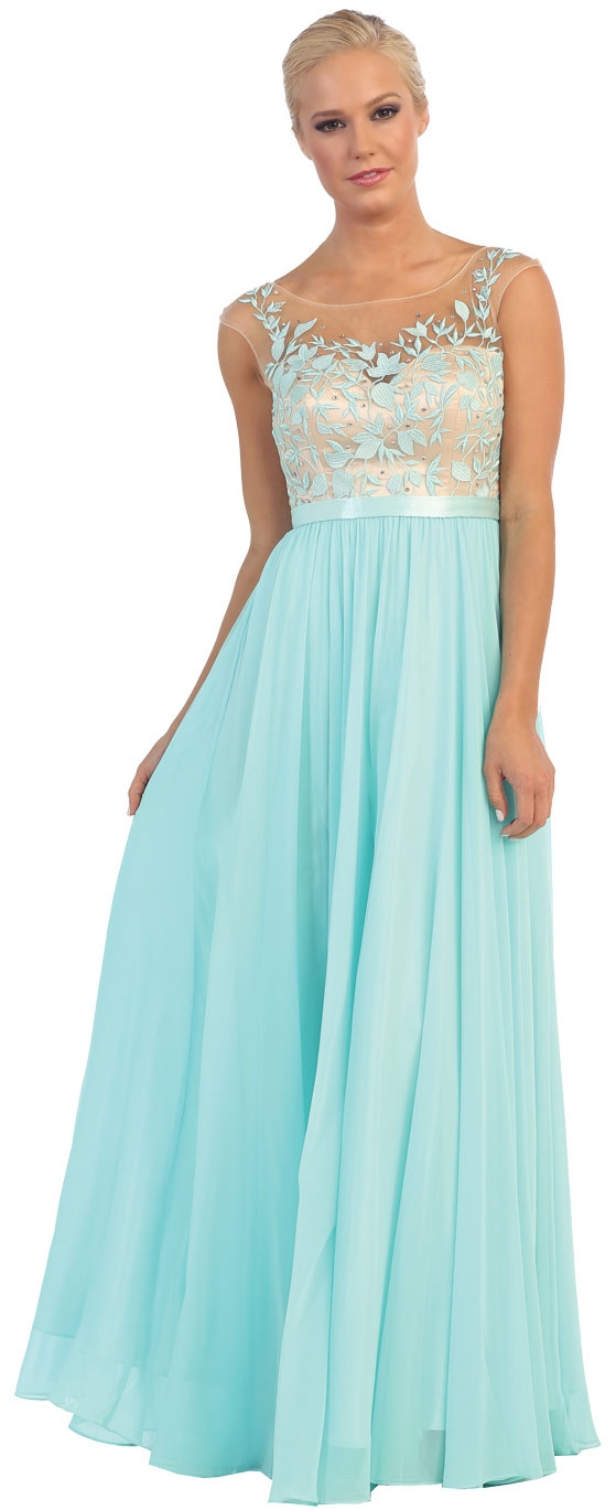 Floral Embroidered Mesh Bodice Long Formal Prom Dress — in Mint