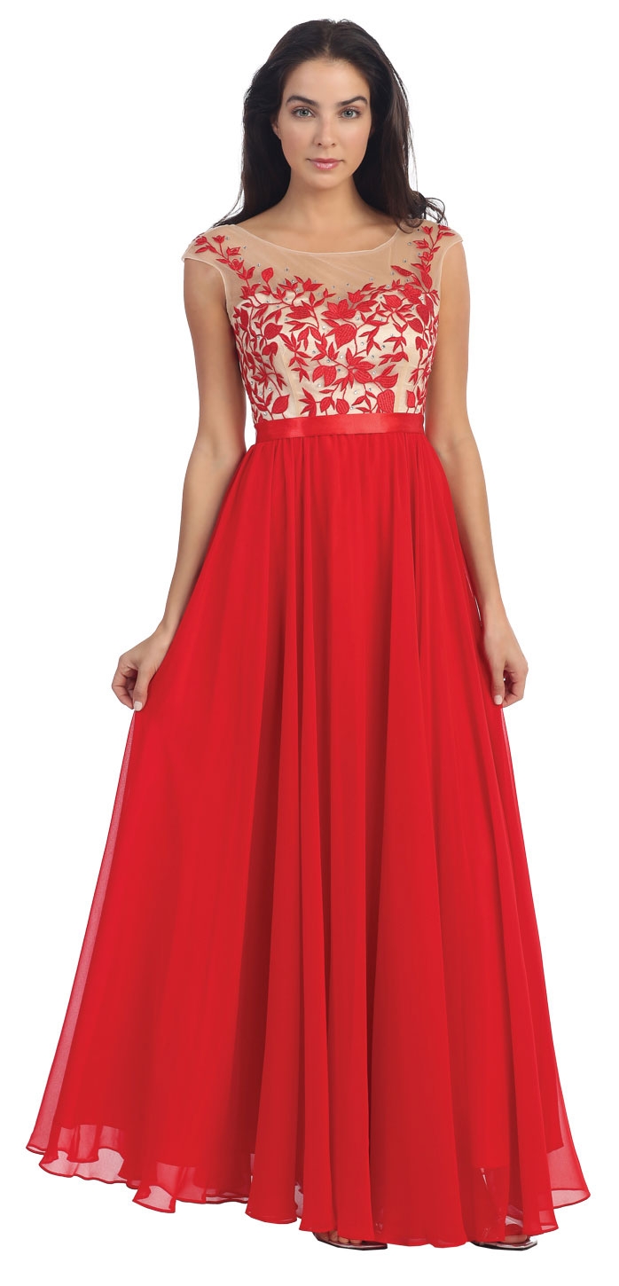 Floral Embroidered Mesh Bodice Long Formal Prom Dress