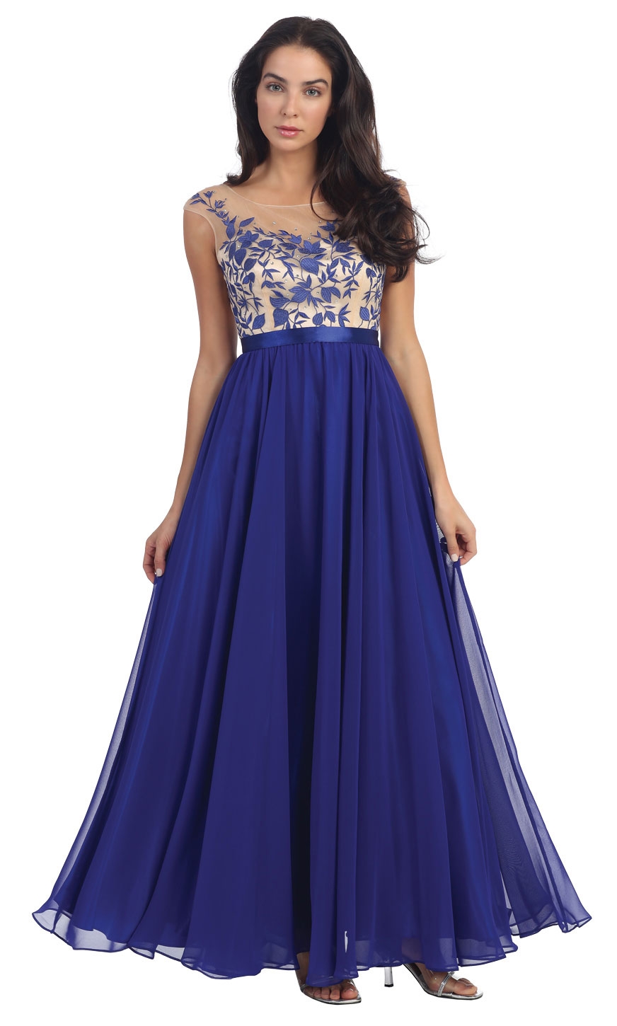 Floral Embroidered Mesh Bodice Long Formal Prom Dress — in Royal Blue