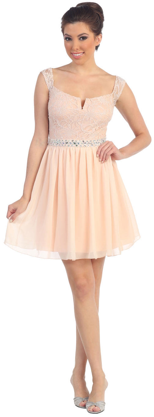 Wide U-Neck Lace Top Short Bridesmaid Party Dress