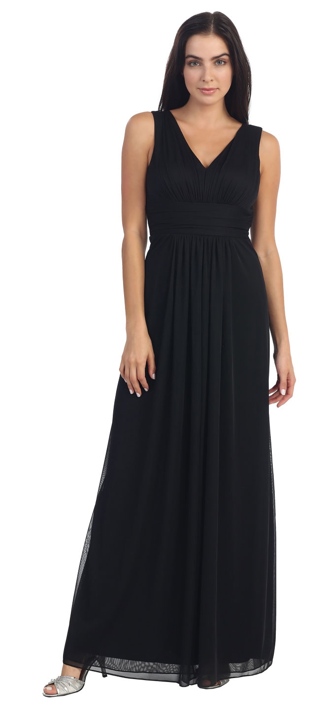 V-Neck Shirred Artistic Lace Back Long Formal Prom Dress — in Black