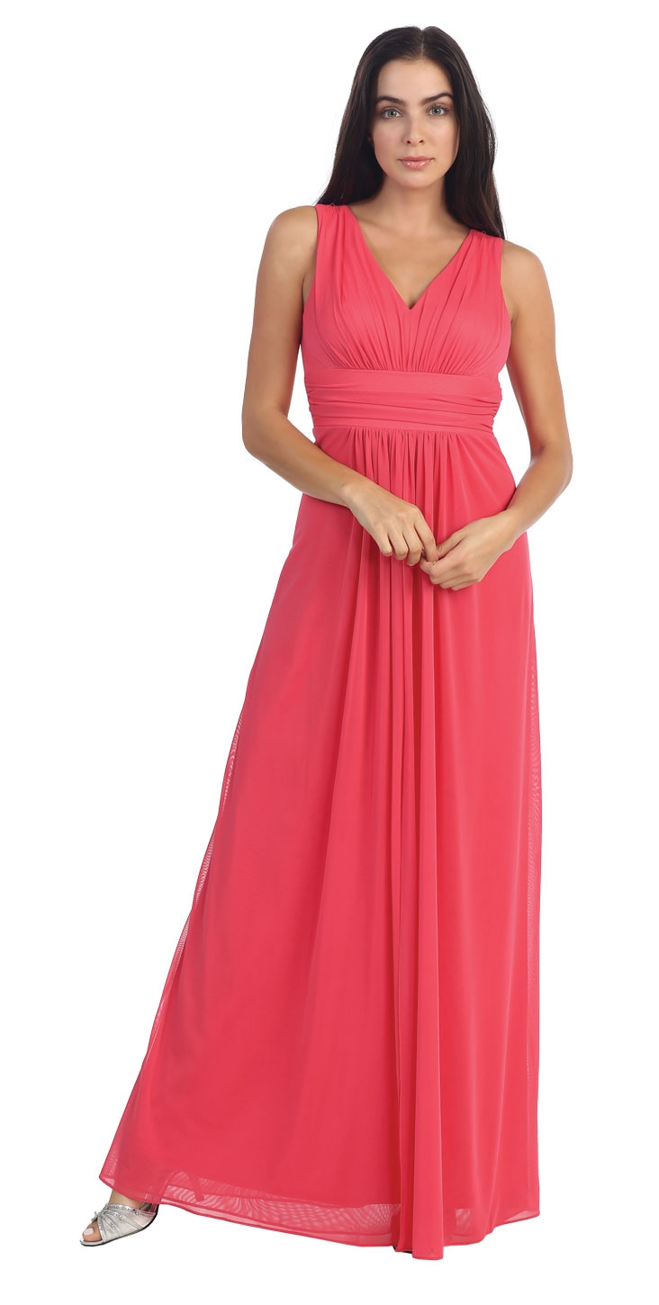 V-Neck Shirred Artistic Lace Back Long Formal Prom Dress — in Coral