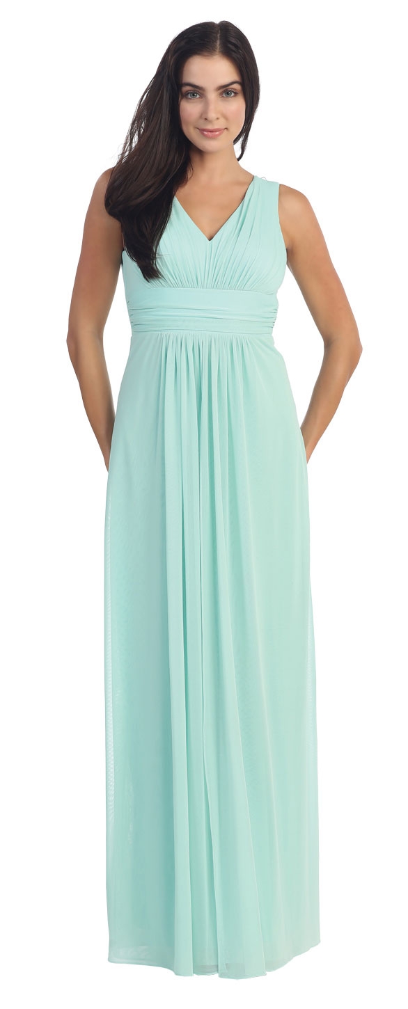 V-Neck Shirred Artistic Lace Back Long Formal Prom Dress — in Mint