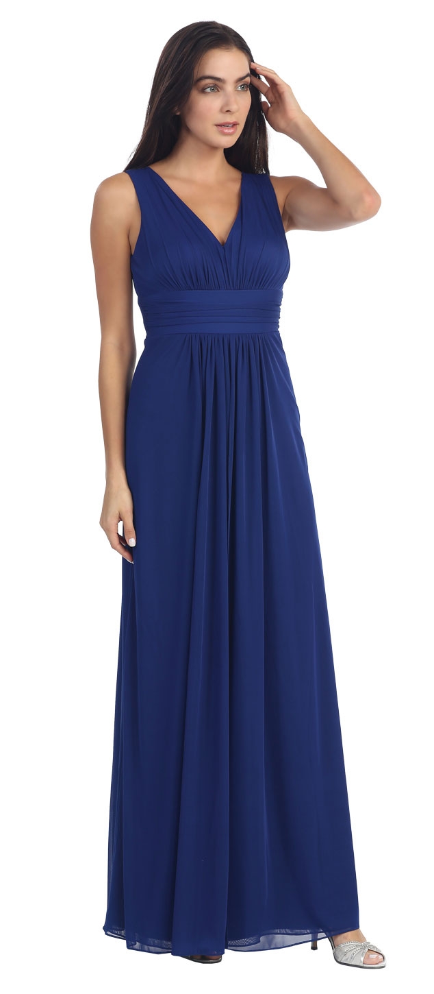 V-Neck Shirred Artistic Lace Back Long Formal Prom Dress — in Royal Blue