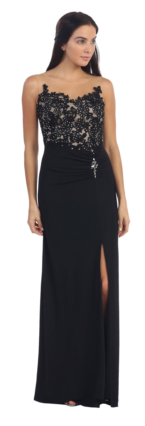 Floral Lace Beaded Bust Front Slit Long Formal Prom Dress — in Black