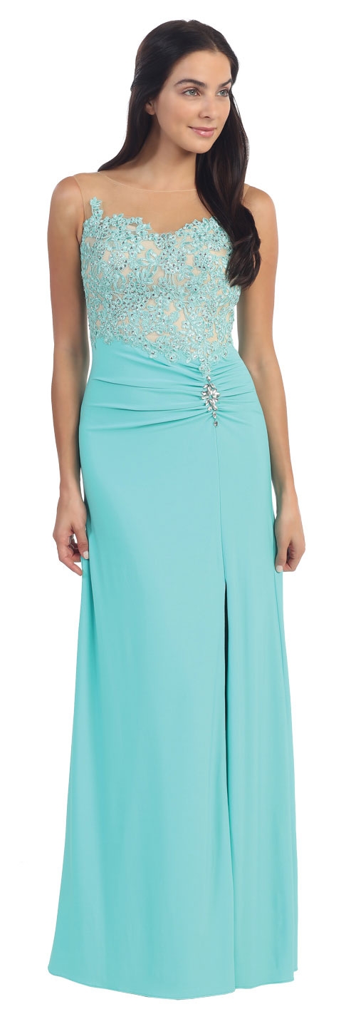 Floral Lace Beaded Bust Front Slit Long Formal Prom Dress — in Mint