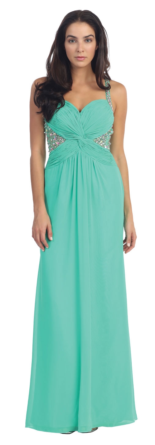 Bejeweled Strappy Back Long Formal Prom Dress — in Jade Green