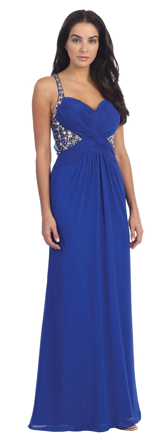 Bejeweled Strappy Back Long Formal Prom Dress — in Royal Blue