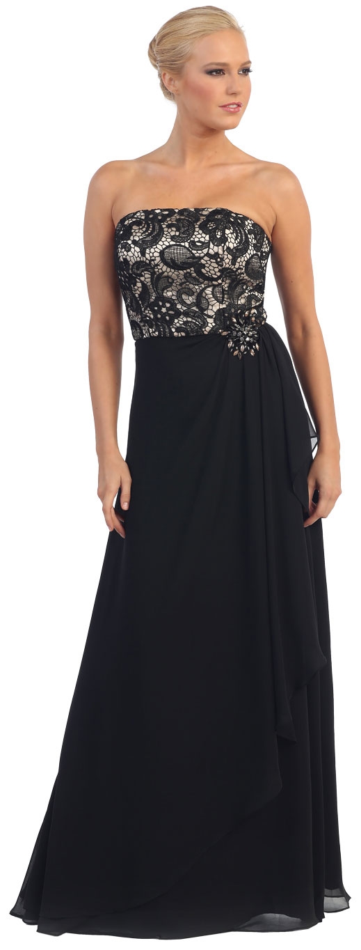 Strapless Lace Bust Wrap Style Long Formal Prom Dress — in Black