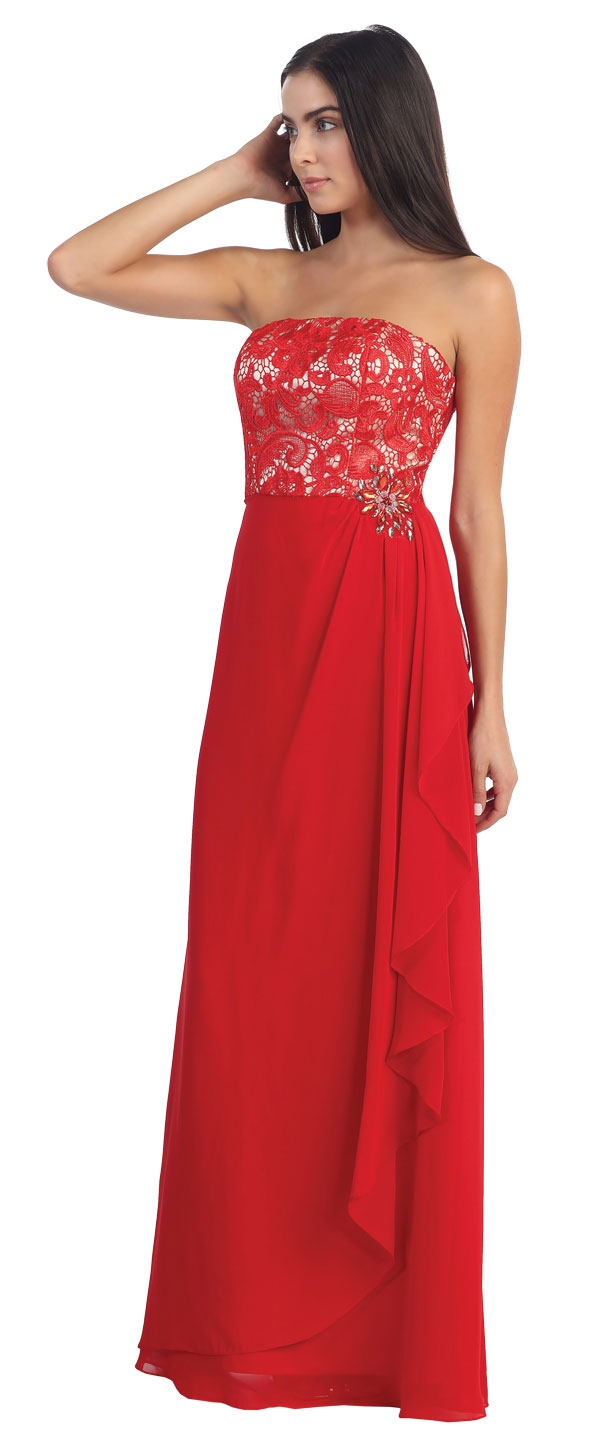 Strapless Lace Bust Wrap Style Long Formal Prom Dress — in Red
