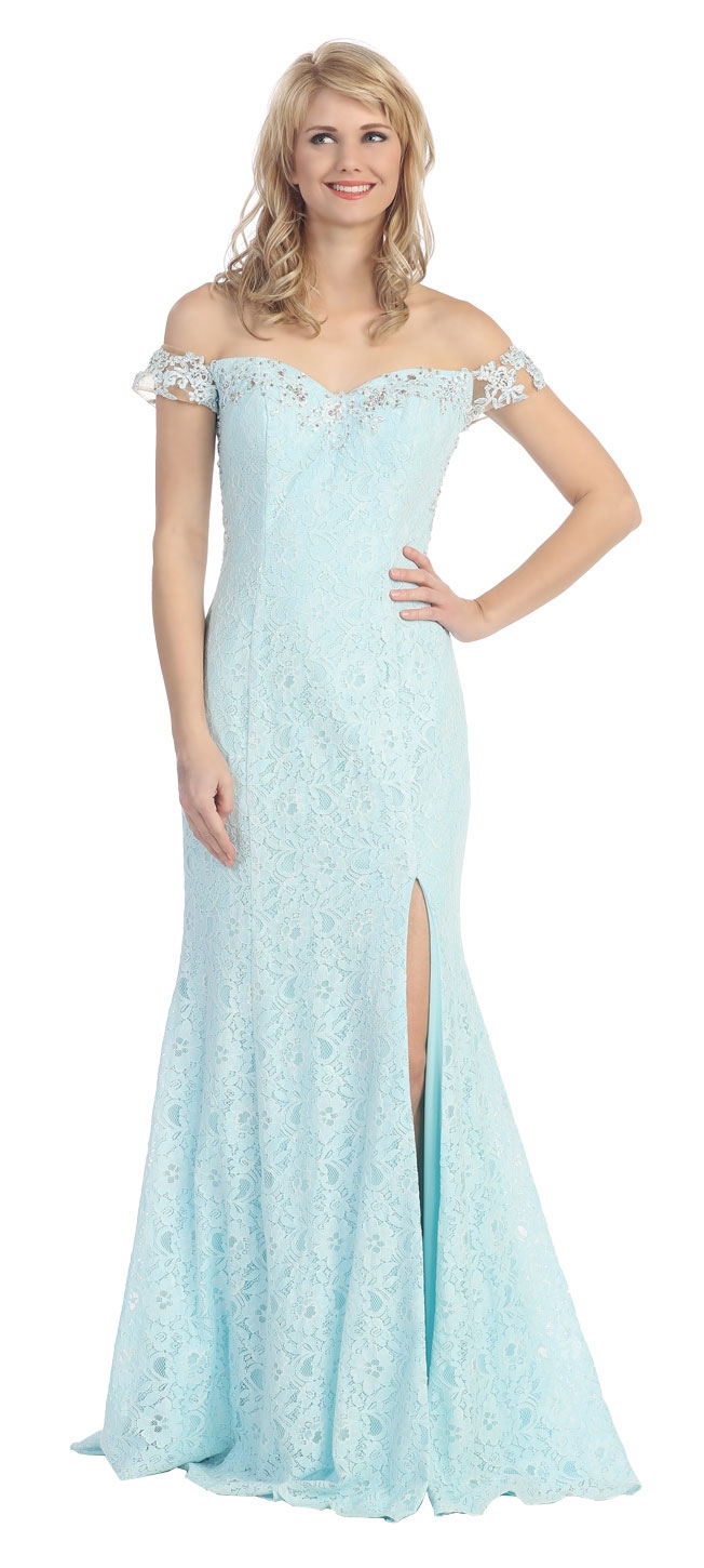 Off Shoulder Floral Lace Long Formal Prom Dress with Slit