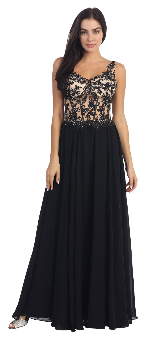 V-Neck Sheer Lace Beaded Bodice Long Formal Prom Dress