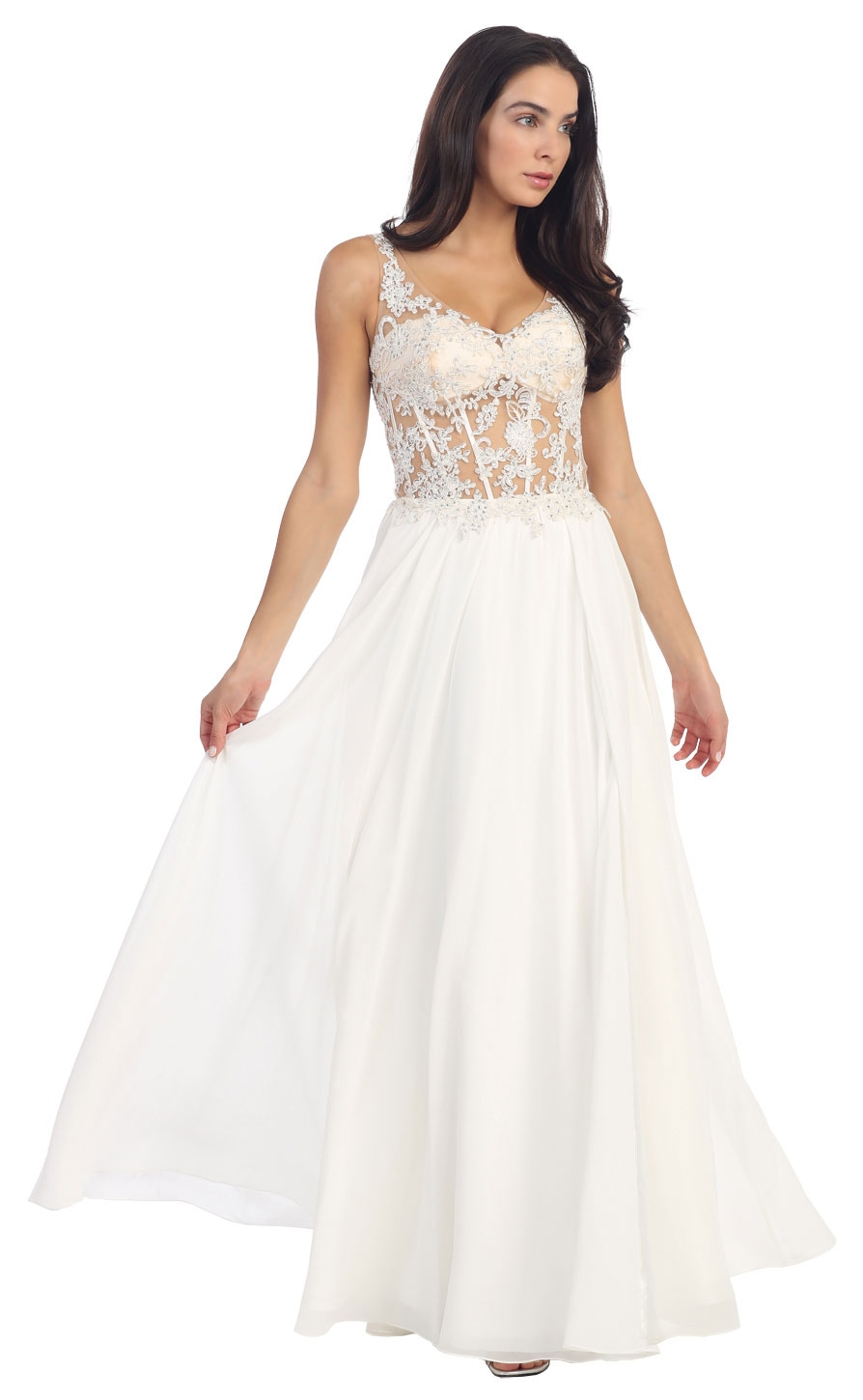 V-Neck Sheer Lace Beaded Bodice Long Formal Prom Dress — in Off White