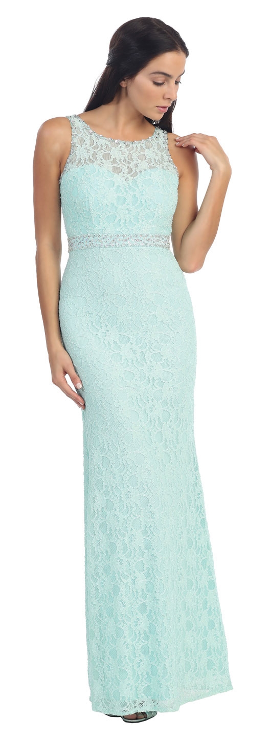 Floral Lace Beaded Long Formal Prom Dress with Cutout — in Mint