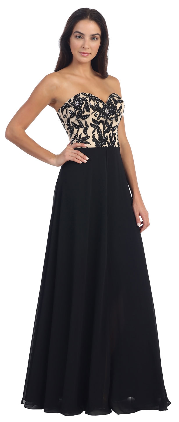 Strapless Floral Embroidered Top Long Formal Prom Dress — in Black
