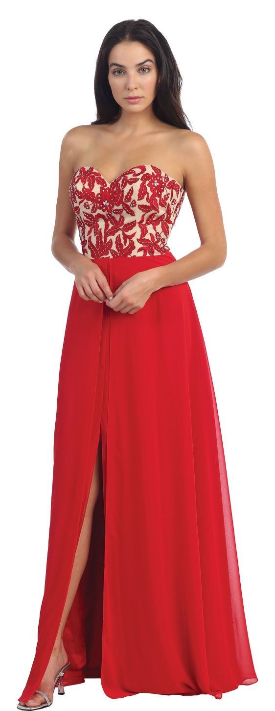 Strapless Floral Embroidered Top Long Formal Prom Dress