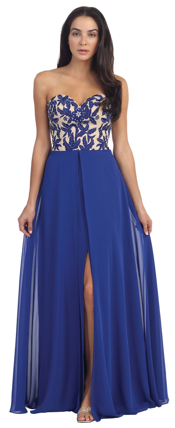 Strapless Floral Embroidered Top Long Formal Prom Dress — in Royal Blue