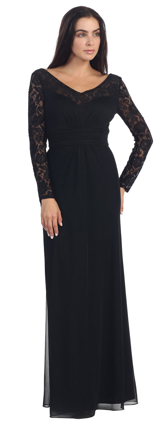 Long Sleeves Lace Bodice Long Formal MOB Dress
