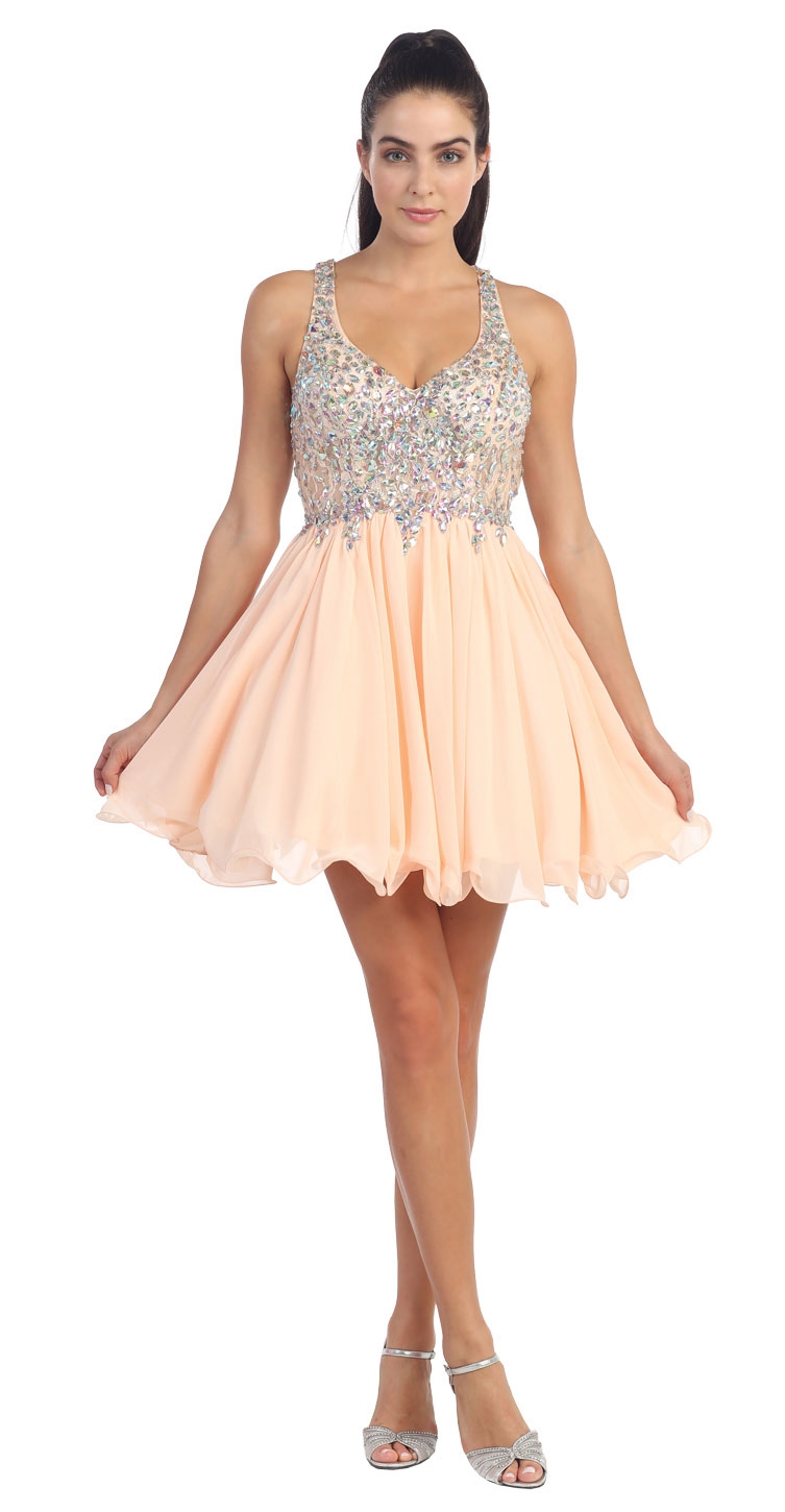 V-Neck Racer Back Rhinestones Bust Short Formal Prom Dress — in Peach