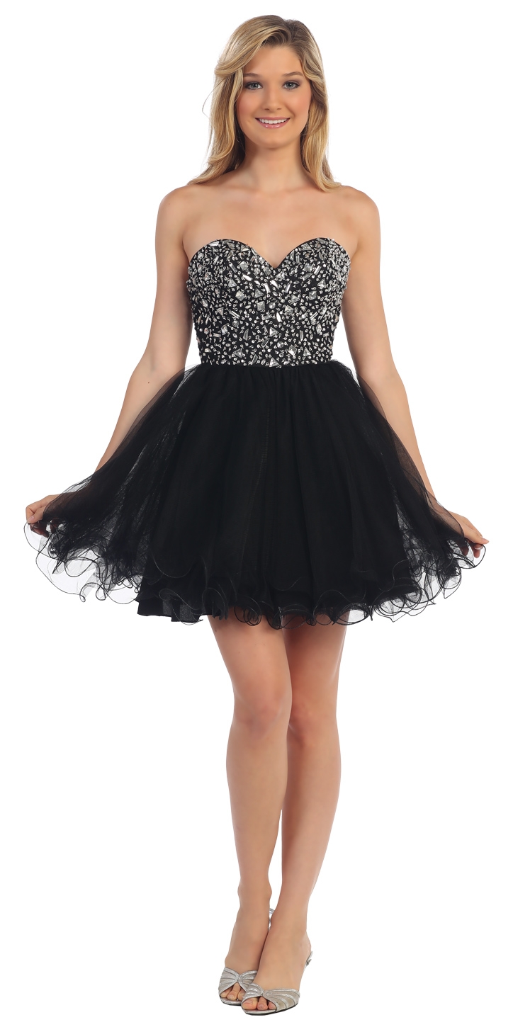 Strapless Bejeweled Bodice Short Tulle Prom Party Dress — in Black