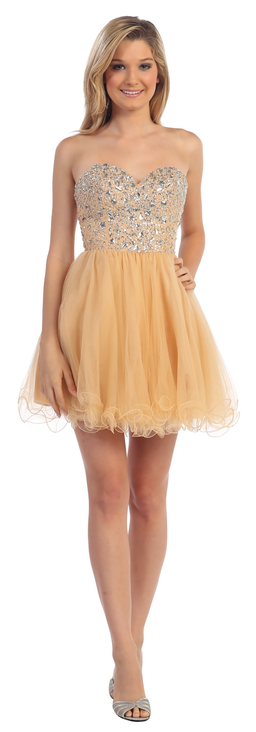 Strapless Bejeweled Bodice Short Tulle Prom Party Dress — in Gold