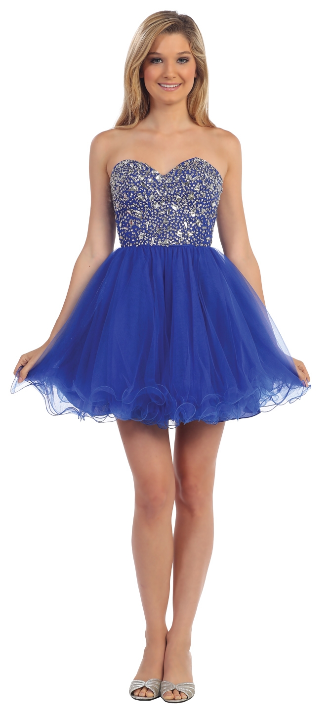 Strapless Bejeweled Bodice Short Tulle Prom Party Dress — in Royal Blue