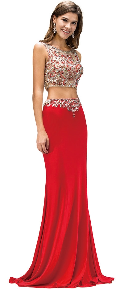 Bejeweled Top Long Jersey Skirt Two Piece Prom Dress — in Red