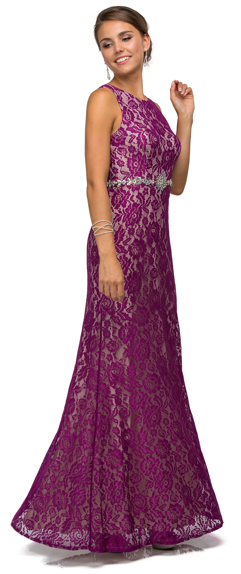 Sleeveless Jewel Waist Fitted Lace Long Formal Evening Dress — in an alternative image