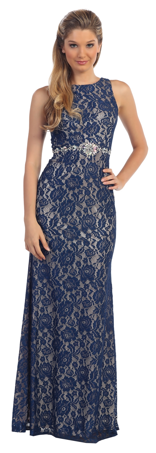 Sleeveless Jewel Waist Fitted Lace Long Formal Evening Dress — in Navy
