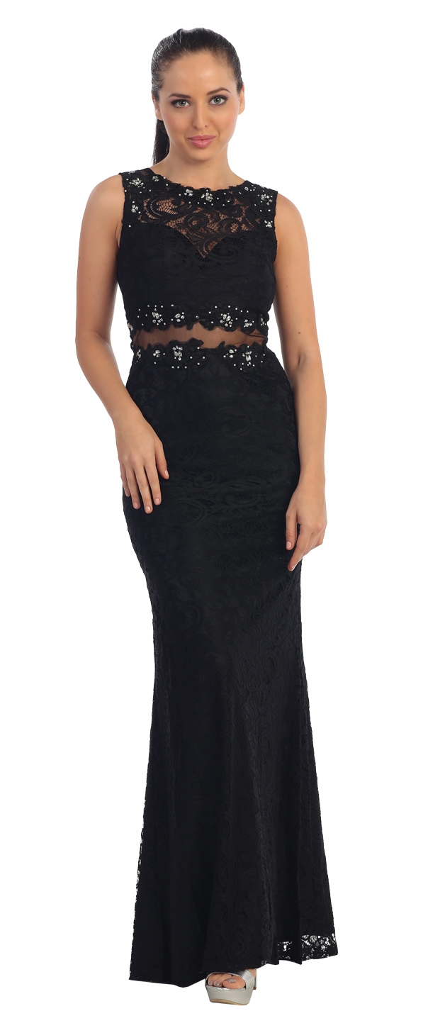Sheer Lace Bejeweled Long Formal Evening Prom Dress — in Black
