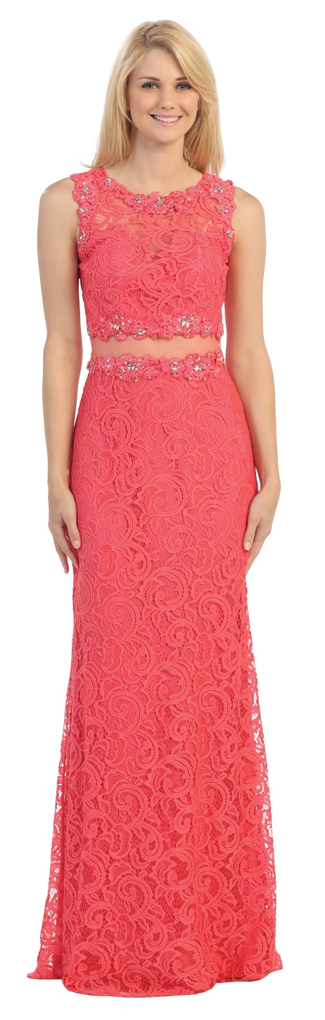 Sheer Lace Bejeweled Long Formal Evening Prom Dress — in Coral