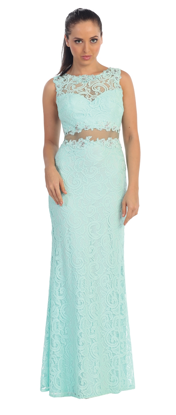 Sheer Lace Bejeweled Long Formal Evening Prom Dress — in Mint