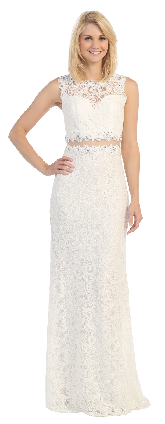 Sheer Lace Bejeweled Long Formal Evening Prom Dress — in Off White