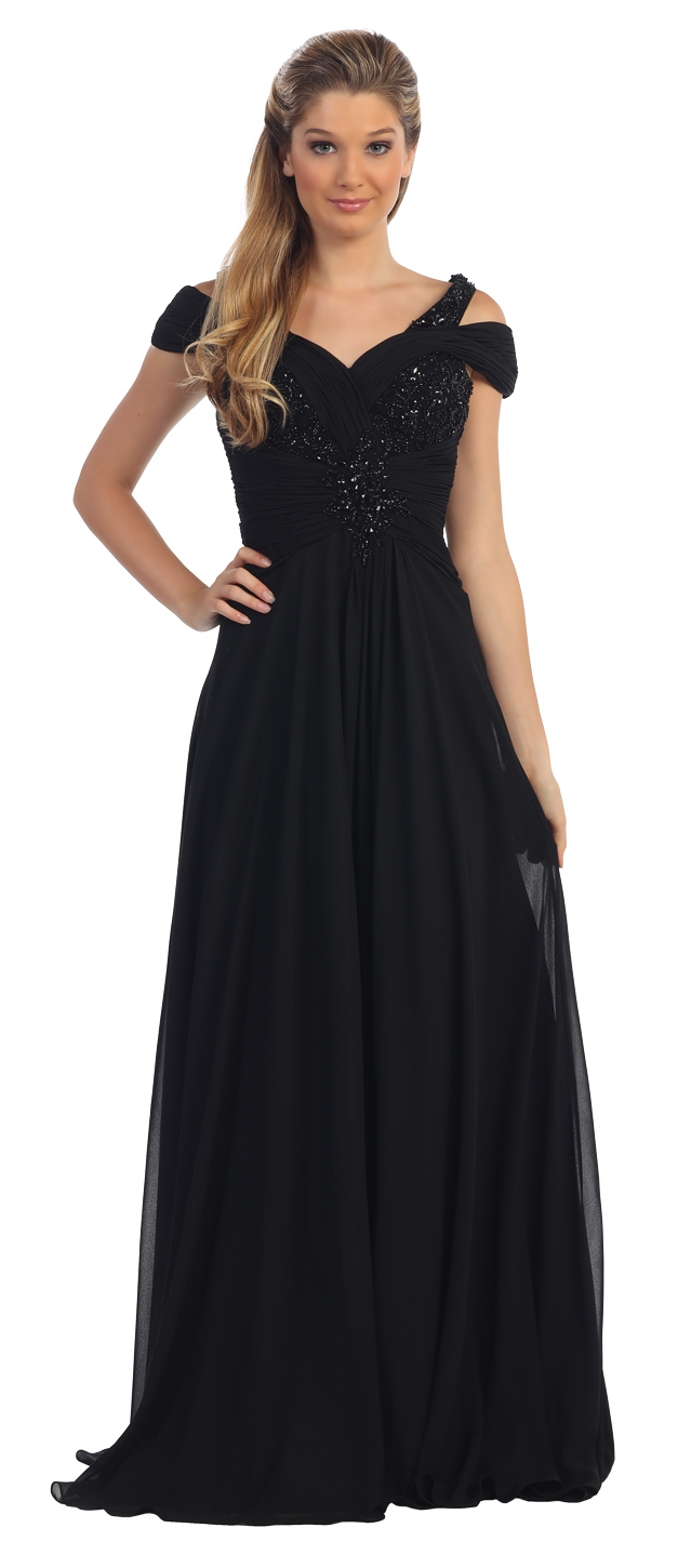 V-Neck Beaded Ruched Bodice Long Formal MOB Dress — in Black