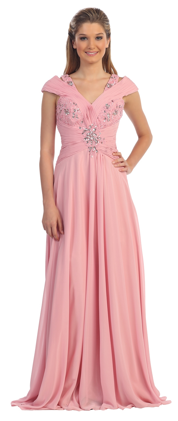 V-Neck Beaded Ruched Bodice Long Formal MOB Dress — in Dusty Rose