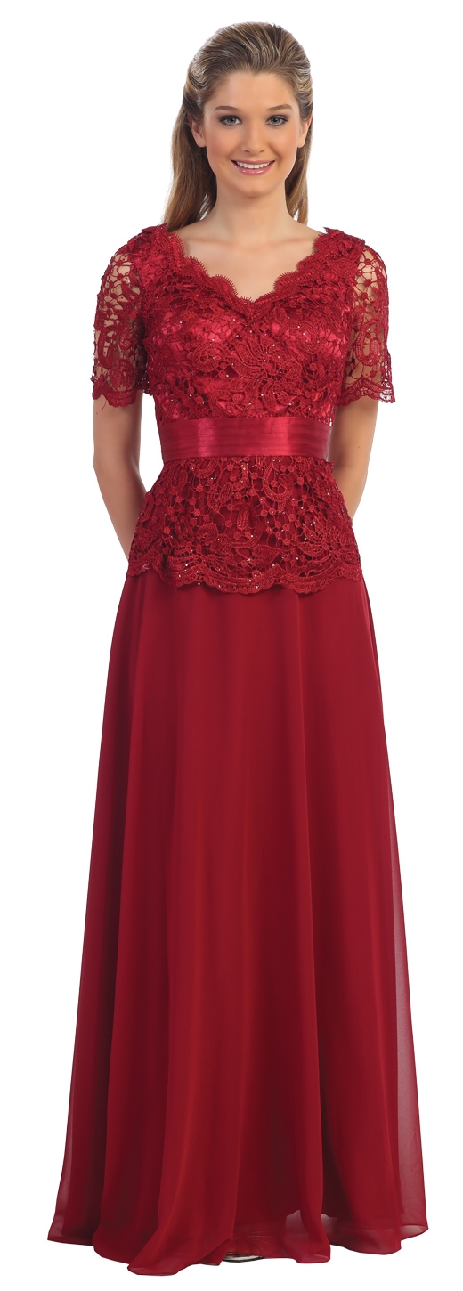 V-Neck Half Sleeves Lace Bodice Long Formal MOB Dress — in Burgundy