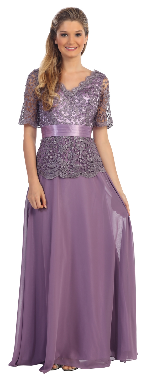 V-Neck Half Sleeves Lace Bodice Long Formal MOB Dress — in Dusty Lilac