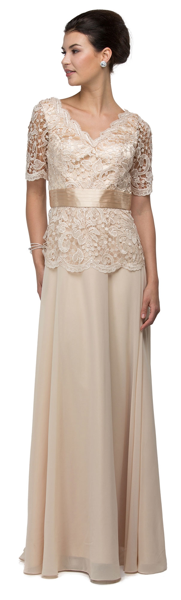 V-Neck Half Sleeves Lace Bodice Long Formal MOB Dress