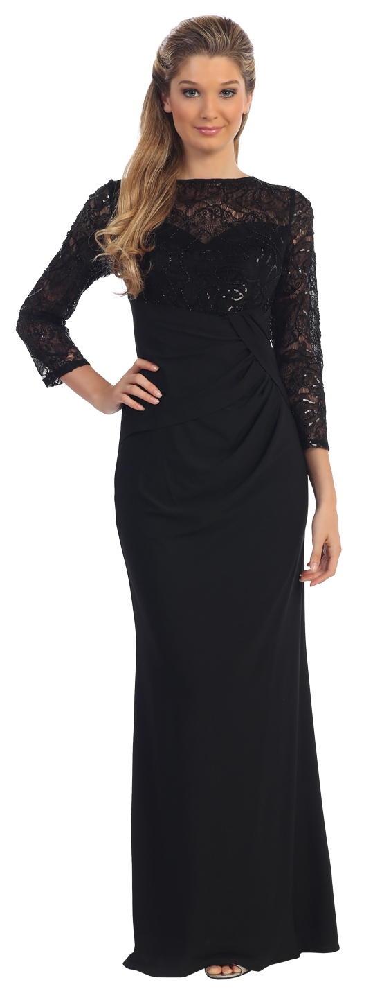 Bateau Neck Sequins Bodice Long Formal MOB Dress — in Black