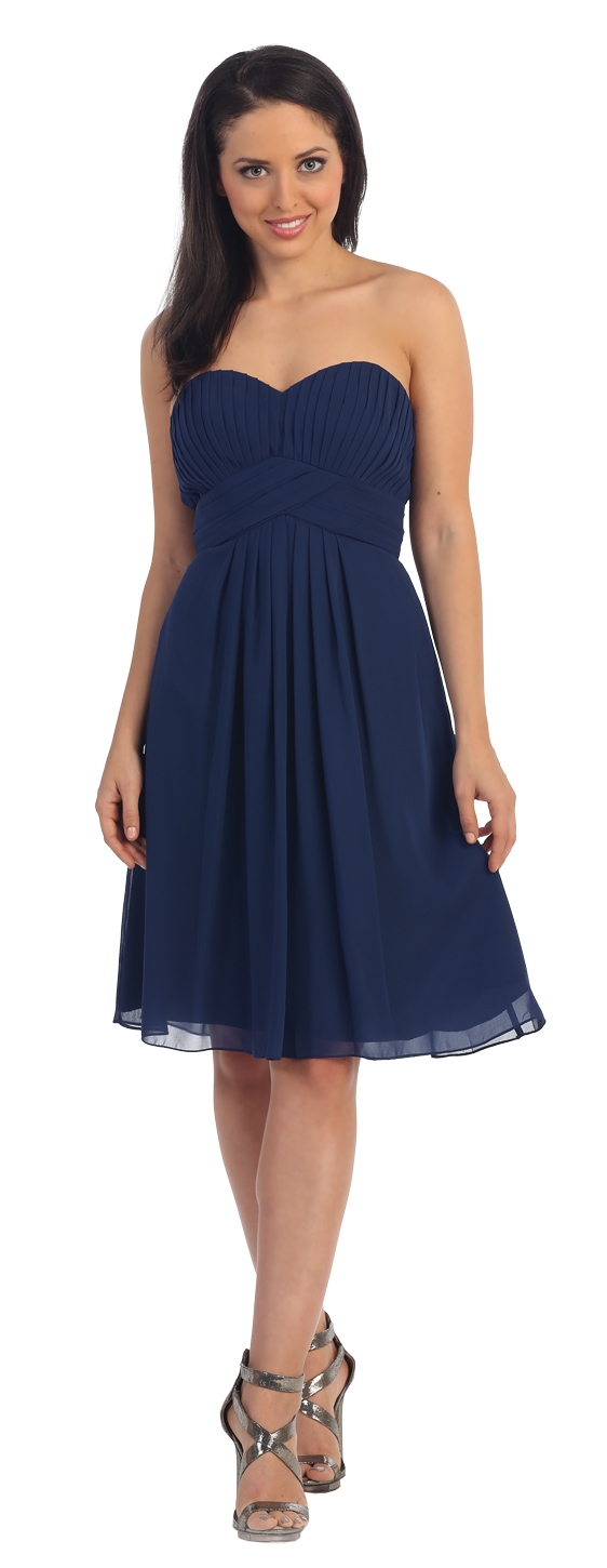 Strapless Pleated Bodice Short Bridesmaid Graduation Dress — in Navy