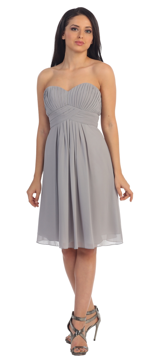 Strapless Pleated Bodice Short Bridesmaid Graduation Dress — in Silver